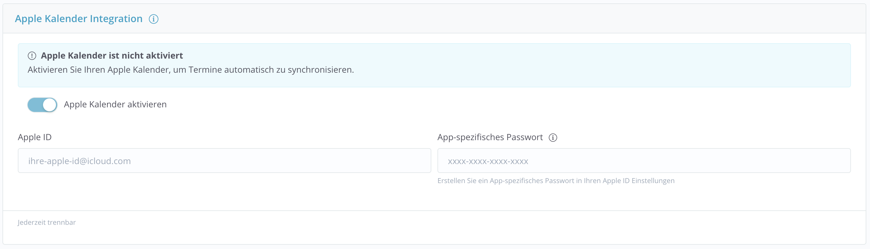 Detailansicht der Anmeldung des Apple Kalenders