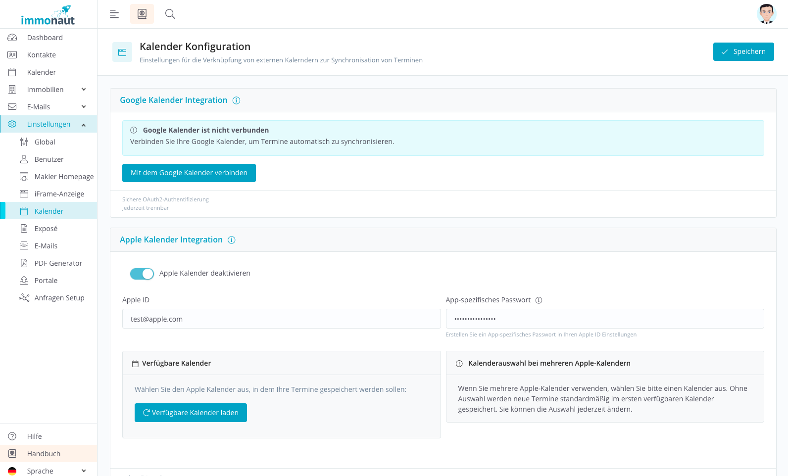 Überblick der Kalender-Synchronisation und der Auswahl des Apple Kalenders